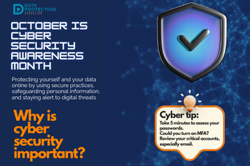 "A graphic announcing 'October is Cyber Security Awareness Month,' with text explaining the importance of protecting data online. It also includes a 'Cyber tip' to assess passwords, turn on MFA, and review critical accounts, especially email. A shield icon with a checkmark and a lightbulb icon are visible."