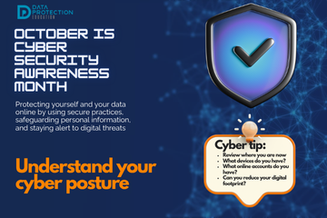"A graphic announcing 'October is Cyber Security Awareness Month,' with text explaining the importance of creating a cyber emergency contact list in preparation for a cyber attack. It also includes a 'Cyber tip' to assess passwords, turn on MFA, and review critical accounts, especially email. A shield icon with a checkmark and a lightbulb icon are visible."