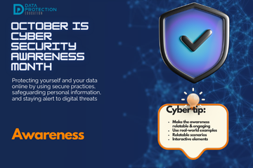 "A graphic announcing 'October is Cyber Security Awareness Month,' with text explaining the importance of creating a cyber emergency contact list in preparation for a cyber attack. It also includes a 'Cyber tip' to assess passwords, turn on MFA, and review critical accounts, especially email. A shield icon with a checkmark and a lightbulb icon are visible."