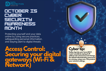 "A graphic announcing 'October is Cyber Security Awareness Month,' with text explaining the importance of creating a cyber emergency contact list in preparation for a cyber attack. It also includes a 'Cyber tip' to assess passwords, turn on MFA, and review critical accounts, especially email. A shield icon with a checkmark and a lightbulb icon are visible."
