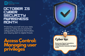 "A graphic announcing 'October is Cyber Security Awareness Month,' with text explaining the importance of creating a cyber emergency contact list in preparation for a cyber attack. It also includes a 'Cyber tip' to assess passwords, turn on MFA, and review critical accounts, especially email. A shield icon with a checkmark and a lightbulb icon are visible."