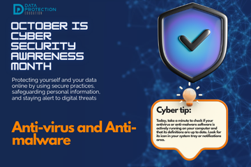 "A graphic announcing 'October is Cyber Security Awareness Month,' with text explaining the importance of creating a cyber emergency contact list in preparation for a cyber attack. It also includes a 'Cyber tip' to assess passwords, turn on MFA, and review critical accounts, especially email. A shield icon with a checkmark and a lightbulb icon are visible."