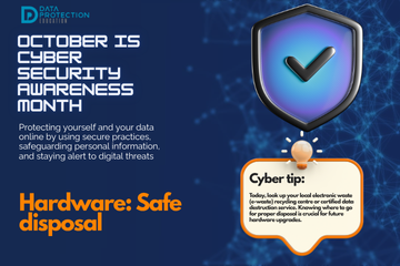 "A graphic announcing 'October is Cyber Security Awareness Month,' with text explaining the importance of creating a cyber emergency contact list in preparation for a cyber attack. It also includes a 'Cyber tip' to assess passwords, turn on MFA, and review critical accounts, especially email. A shield icon with a checkmark and a lightbulb icon are visible."