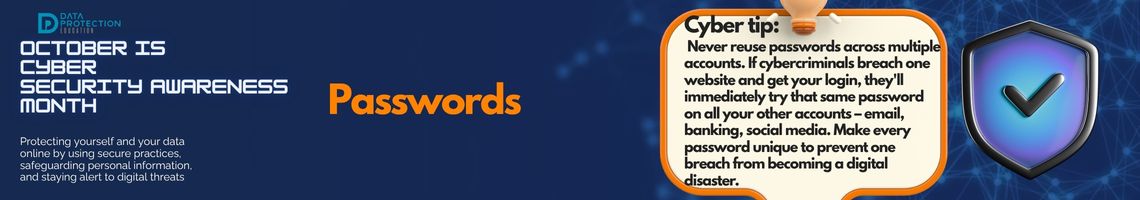 "A graphic announcing 'October is Cyber Security Awareness Month,' with text explaining the importance of creating a cyber emergency contact list in preparation for a cyber attack. It also includes a 'Cyber tip' to assess passwords, turn on MFA, and review critical accounts, especially email. A shield icon with a checkmark and a lightbulb icon are visible."