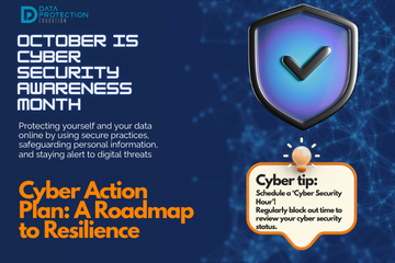 "A graphic announcing 'October is Cyber Security Awareness Month,' with text explaining the importance of creating a cyber emergency contact list in preparation for a cyber attack. It also includes a 'Cyber tip' to assess passwords, turn on MFA, and review critical accounts, especially email. A shield icon with a checkmark and a lightbulb icon are visible."