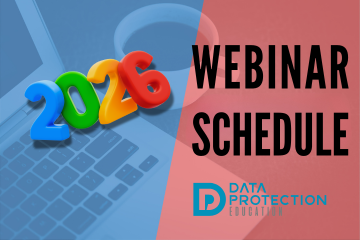 Image with webinar schedule and screen shot of DPE website. Data Protection Education logo