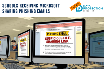 AI generated image of a phishing email on a computer screen in an IT suite in a school.  Navy text: schools receiving microsoft sharing phishing emails. Alert in orange on a slant over the Data Protection Education logo