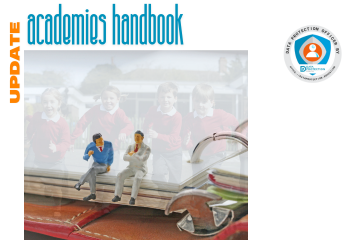  A vibrant, layered graphic for an "academies handbook update." The background features a blurred image of four young children in school uniforms, joyfully running outdoors. In the foreground, two small, highly detailed figurines of men, dressed in a blue sweater and a light-colored suit, are seated on an open book or binder. Below them, part of a brown leather-bound object with metal clasps is visible. The top left corner prominently displays "UPDATE" in orange text, and across the top, "academies handbook" is written in a stylized blue font. In the top right corner, a circular logo with "DATA PROTECTION OFFICER BY" and "DATA PROTECTION EDUCATION" is displayed.