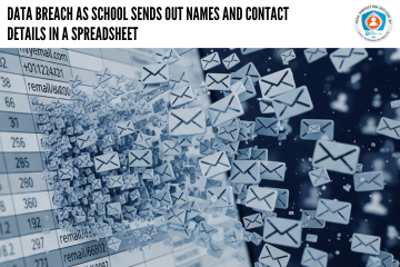 A close-up image shows a spreadsheet on a digital screen, with rows of names, email addresses, and phone numbers visible. From the spreadsheet, a large swarm of small, white email envelope icons streams outwards to the right, disappearing into a dark, blurry background filled with more scattered email icons and faint human silhouette shapes. In the top left corner, bold black text reads "DATA BREACH AS SCHOOL SENDS OUT NAMES AND CONTACT DETAILS IN A SPREADSHEET". In the top right corner, a circular logo for "DATA PROTECTION OFFICER BY" is displayed. The overall color scheme is cool blue and white.