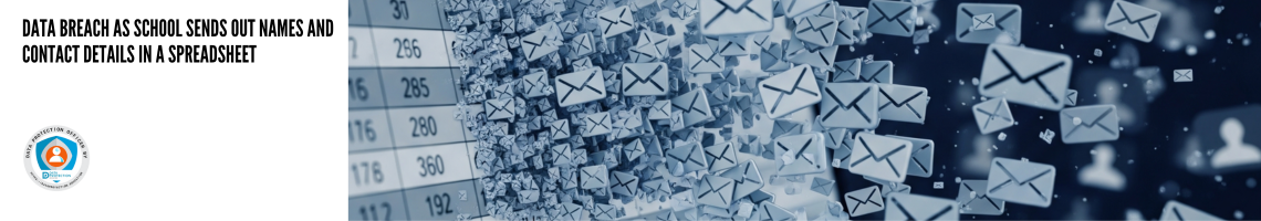 A close-up image shows a spreadsheet on a digital screen, with rows of names, email addresses, and phone numbers visible. From the spreadsheet, a large swarm of small, white email envelope icons streams outwards to the right, disappearing into a dark, blurry background filled with more scattered email icons and faint human silhouette shapes. In the top left corner, bold black text reads "DATA BREACH AS SCHOOL SENDS OUT NAMES AND CONTACT DETAILS IN A SPREADSHEET". In the top right corner, a circular logo for "DATA PROTECTION OFFICER BY" is displayed. The overall color scheme is cool blue and white.