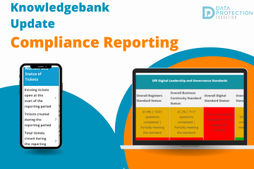  A digital graphic with a blue background and orange text announces "Knowledgebank Update Compliance Reporting." Below this, a smartphone and a laptop display data. The smartphone shows "Number and Status of Tickets" with "Existing tickets open at the start of the reporting period 1", "Tickets created during the reporting period 7", and "Total tickets closed during the reporting 7". The laptop screen, titled "DFE Digital Leadership and Governance Standards," presents a dashboard with four colored boxes indicating compliance status. From left to right: "Overall Registers Standard Status: 61.9% | 13/21 questions completed | Partially meeting the standard" in yellow; "Overall Business Continuity Standard Status: 41.2% | 7/17 questions completed | Partially meeting the standard" in yellow; "Overall Digital Standard Status:" in red with illegible text, indicating "Not meeting the standard"; and the fourth box, mostly obscured but showing "50%" and "meeting the standard" in orange. The top right of the graphic features a logo that reads "DATA PROTECTION EDUCATION."