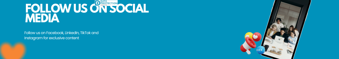 A digital banner with a vibrant blue background. Large white text reads "FOLLOW US ON SOCIAL MEDIA". A smaller line of text below encourages viewers to follow on Facebook, LinkedIn, TikTok, and Instagram for exclusive content. On the right, a smartphone displays a video call with a diverse team of people collaborating, surrounded by a red loudspeaker and social media icons.