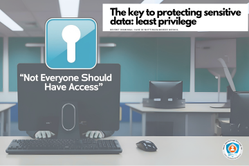 AI generated photo of the back of a  computer screen with hands on a keyboard. Blue padlock with white text saying: Not everyone should have access.  White background and black text: The key to protecting sensitive data : least privilege. Recent dismissal case in Nottinghamshire