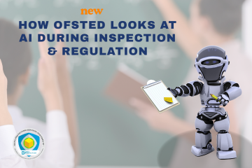  An image with a light green background features a 3D cartoon robot, primarily white and dark grey, standing in the foreground on the right. The robot holds a clipboard with lined paper in its left hand and a yellow pencil in its right hand. In the blurred background, two students are visible on the left with their hands raised in a classroom setting, and a green chalkboard is behind them. The words "new" in orange, "HOW OFSTED LOOKS AT" and "AI DURING INSPECTION" and "& REGULATION" in dark blue are prominently displayed on the upper left side of the image. In the bottom left corner, a circular logo for "DATA PROTECTION SERVICES PROVIDED BY: DPO PROTECTION" is visible.