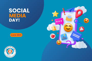  A vibrant, illustrative graphic announces "SOCIAL MEDIA DAY!" in large, bold letters, with "SOCIAL" in white and "MEDIA DAY!" in orange. Below this, "June 30th" is displayed in an orange rectangular box. The central focus is a large, purple smartphone, angled slightly to the right, with a bright screen populated by various 3D social media icons floating around and seemingly interacting with it.  These icons include:  A yellow star  A pink speech bubble  A golden bell  A red heart  A blue folder icon with a mountain and sun image  A blue paper airplane  A yellow envelope with a letter  A red location pin  A blue magnifying glass  A red play button triangle  Two blue speech bubbles, one with three dots and another with a smiley face  There are also several expressive emoji faces floating around the phone:  A large, yellow smiling face with closed eyes on the phone screen.  A red heart-eyes emoji.  A slightly mischievous, winking emoji with a tongue out.  A happy emoji with closed eyes and rosy cheeks.  At the bottom left, a circular logo states "DATA PROTECTION OFFICER BY" around an emblem featuring a stylized person figure protecting data, with "DATA PROTECTION EDUCATION" written beneath it and a URL "HTTPS://DATAPROTECTION.EDUCATION". The background is a gradient of blue, with darker shades at the bottom and lighter at the top, along with some abstract cloud-like shapes.