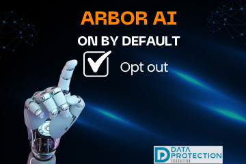 Robot hand pointing to opt out check box. Arbor AI in orange text, On by default in white text. Data Protection Education logo. Blue background