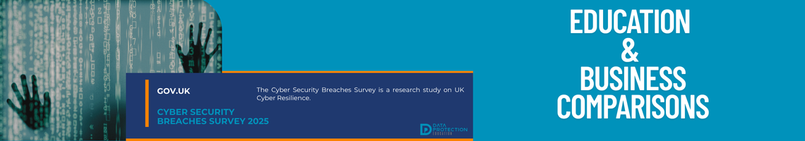 Photo of a shadow behind some computer code. Blue background and white text: Education & business comparisons. Navy background and blue text: Gov.uk Cyber security breaches survey 2025. Data Protection Education logo