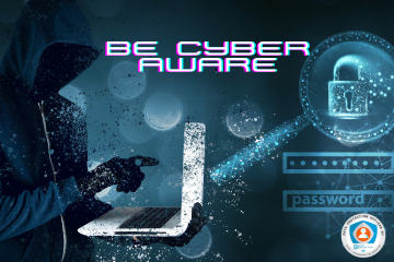 Dark hooded person working on a laptop with a beam of a padlock and a password field.  Be Cyber Aware in white cyber text and the Data Protection Education DPO services badge in the bottom right