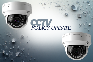 Image of two CCTV cameras and text: ' CCTV Policy Update'